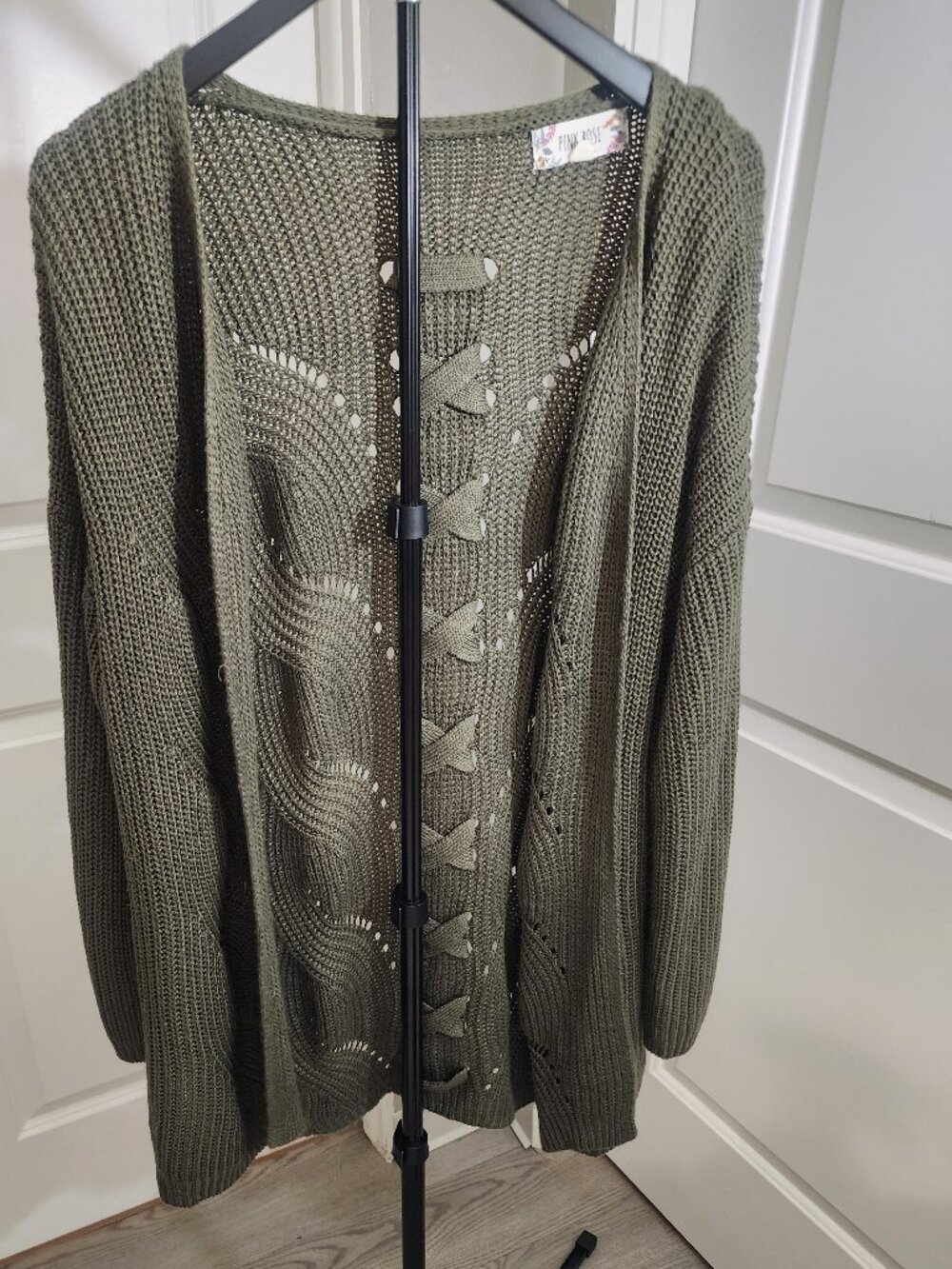 Pink Rose Olive Green Lace-Up Back Open Front Cardigan Size XL
